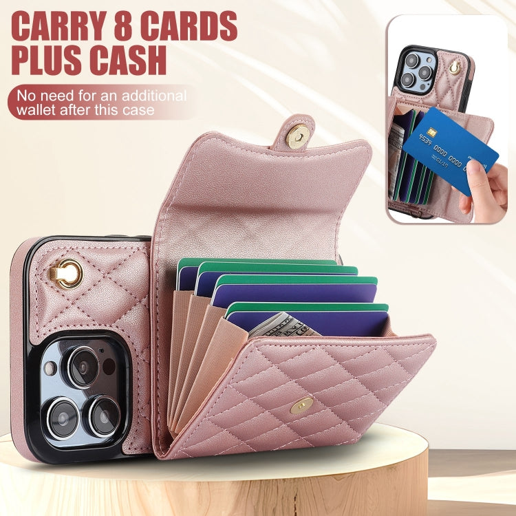For iPhone 15 Pro Max Crossbody Rhombic Horizontal Wallet Leather Phone Case(Rose Gold) - HoMEdemic™ 