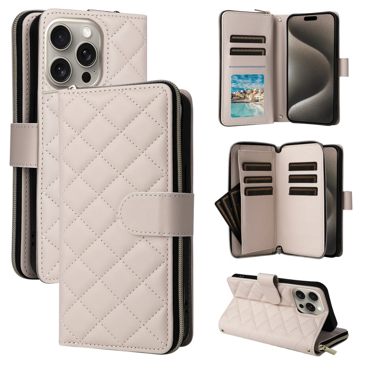 For iPhone 15 Pro Max Crossbody Rhombic Zipper Tower Buckle Leather Phone Case with Lanyard(Beige) - HoMEdemic™ 