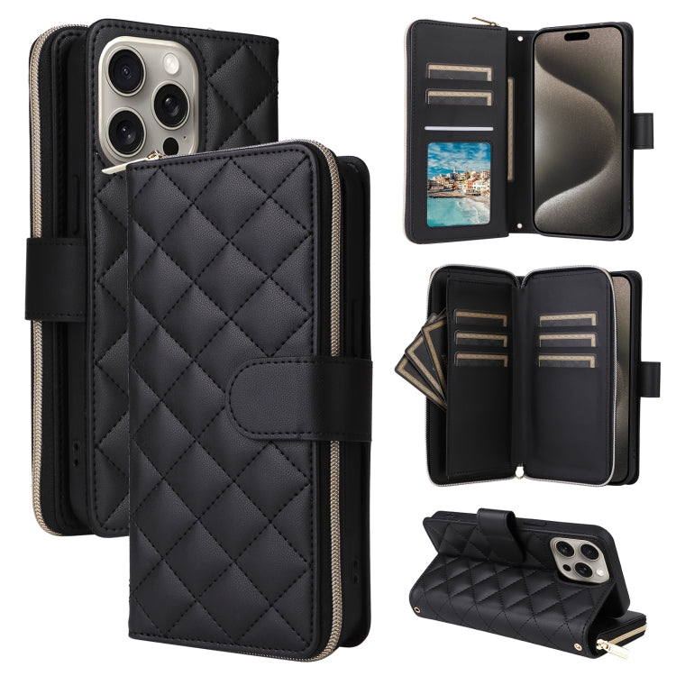 For iPhone 15 Pro Max Crossbody Rhombic Zipper Tower Buckle Leather Phone Case with Lanyard(Black) - HoMEdemic™ 
