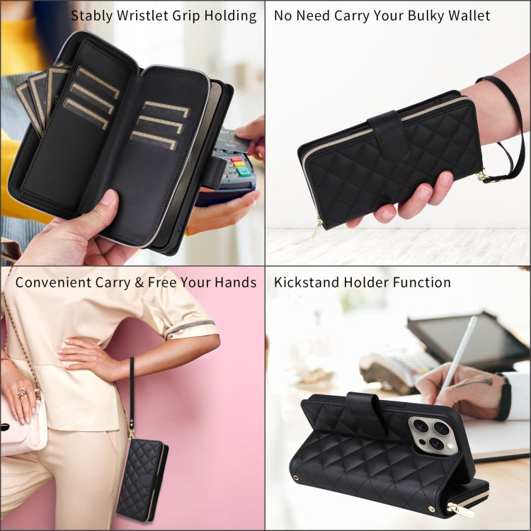 For iPhone 15 Pro Max Crossbody Rhombic Zipper Tower Buckle Leather Phone Case with Lanyard(Black) - HoMEdemic™ 