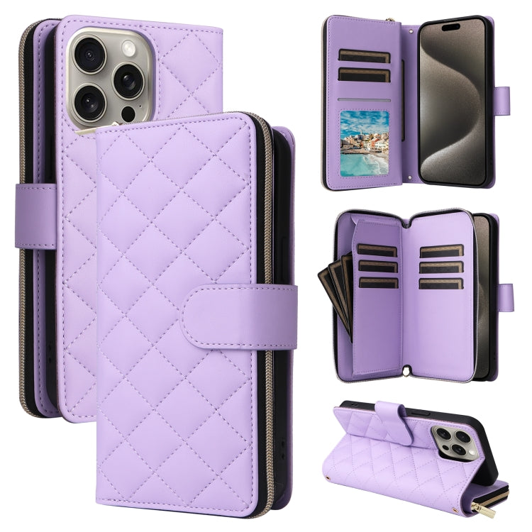 For iPhone 15 Pro Max Crossbody Rhombic Zipper Tower Buckle Leather Phone Case with Lanyard(Purple) - HoMEdemic™ 