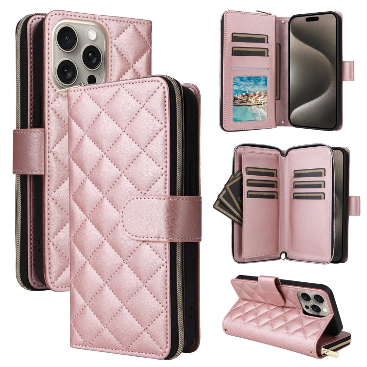 For iPhone 15 Pro Max Crossbody Rhombic Zipper Tower Buckle Leather Phone Case with Lanyard(Rose Gold) - HoMEdemic™ 