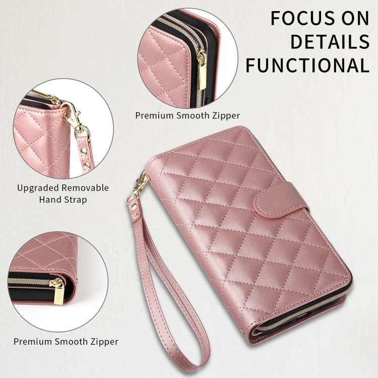 For iPhone 15 Pro Max Crossbody Rhombic Zipper Tower Buckle Leather Phone Case with Lanyard(Rose Gold) - HoMEdemic™ 