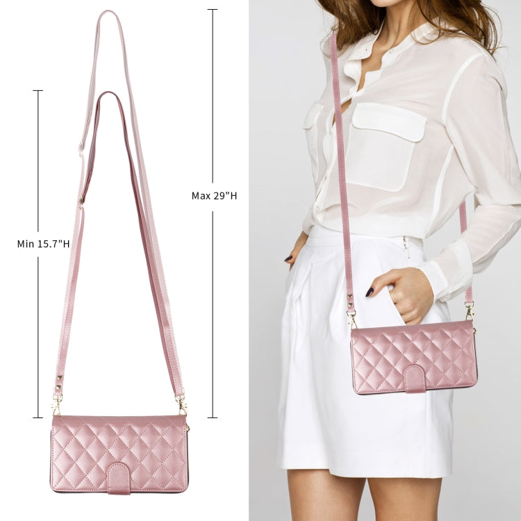 For iPhone 15 Pro Max Crossbody Rhombic Zipper Tower Buckle Leather Phone Case with Lanyard(Rose Gold) - HoMEdemic™ 