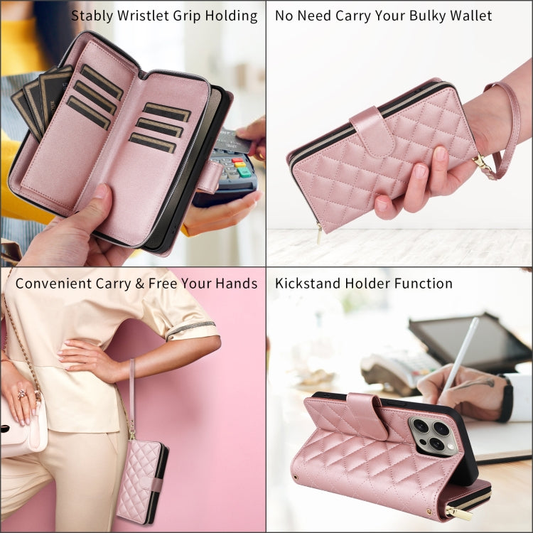 For iPhone 15 Pro Max Crossbody Rhombic Zipper Tower Buckle Leather Phone Case with Lanyard(Rose Gold) - HoMEdemic™ 