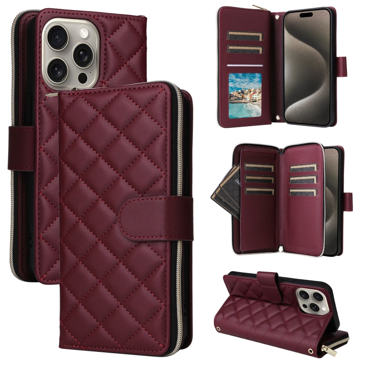 For iPhone 15 Pro Max Crossbody Rhombic Zipper Tower Buckle Leather Phone Case with Lanyard(Wine Red) - HoMEdemic™ 