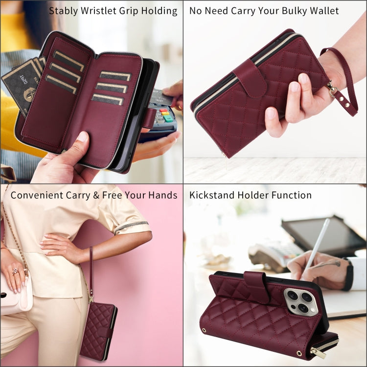 For iPhone 15 Pro Max Crossbody Rhombic Zipper Tower Buckle Leather Phone Case with Lanyard(Wine Red) - HoMEdemic™ 