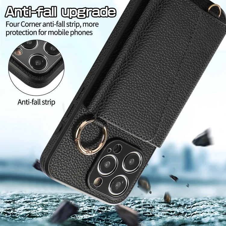 For iPhone 15 Pro Max Crossbody Ring Wallet Leather Back Cover Phone Case(Black) - HoMEdemic™ 