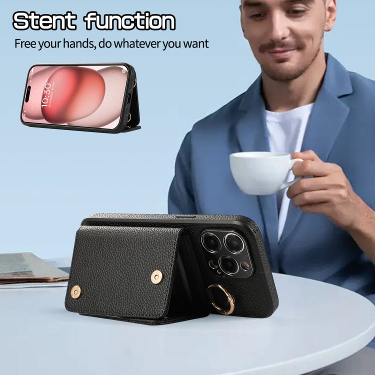 For iPhone 15 Pro Max Crossbody Ring Wallet Leather Back Cover Phone Case(Black) - HoMEdemic™ 