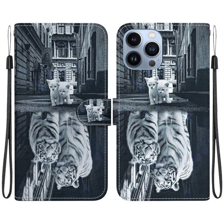 For iPhone 15 Pro Max Crystal Texture Colored Drawing Leather Phone Case(Cat Tiger Reflection) - HoMEdemic™ 