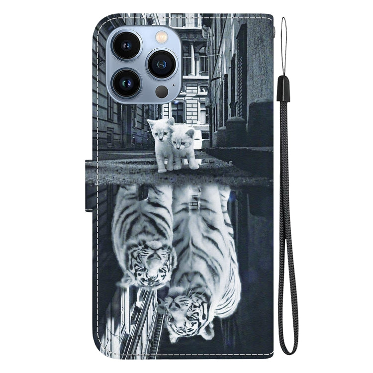 For iPhone 15 Pro Max Crystal Texture Colored Drawing Leather Phone Case(Cat Tiger Reflection) - HoMEdemic™ 