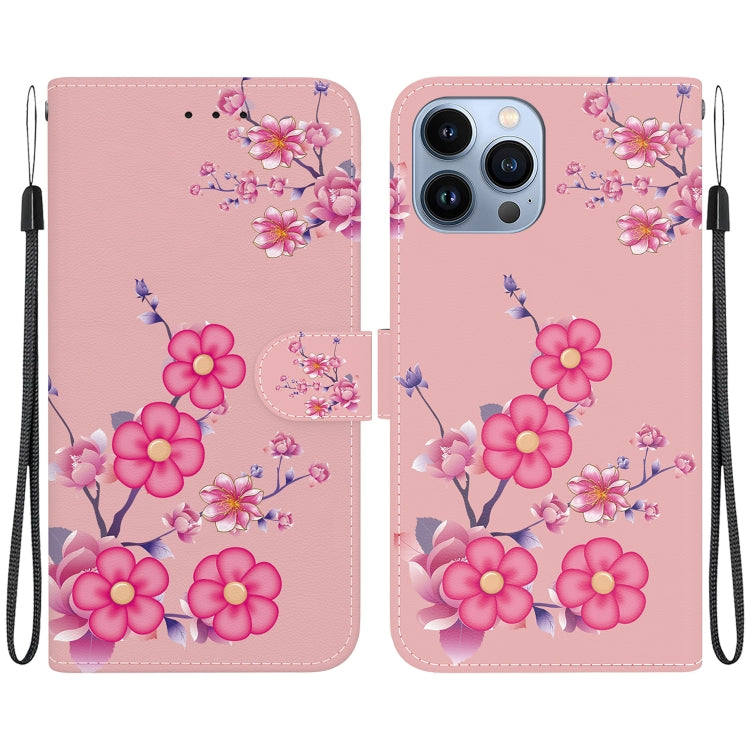 For iPhone 15 Pro Max Crystal Texture Colored Drawing Leather Phone Case(Cherry Blossoms) - HoMEdemic™ 