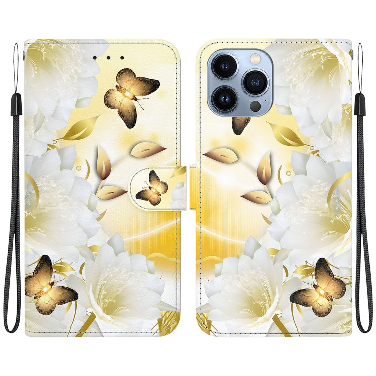 For iPhone 15 Pro Max Crystal Texture Colored Drawing Leather Phone Case(Gold Butterfly Epiphyllum) - HoMEdemic™ 