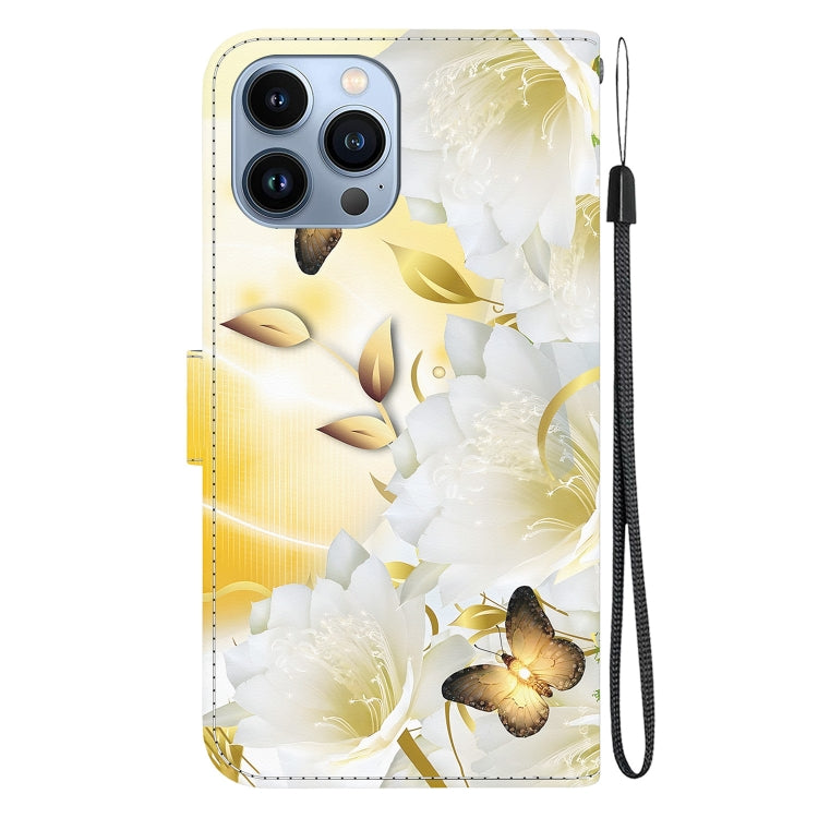 For iPhone 15 Pro Max Crystal Texture Colored Drawing Leather Phone Case(Gold Butterfly Epiphyllum) - HoMEdemic™ 