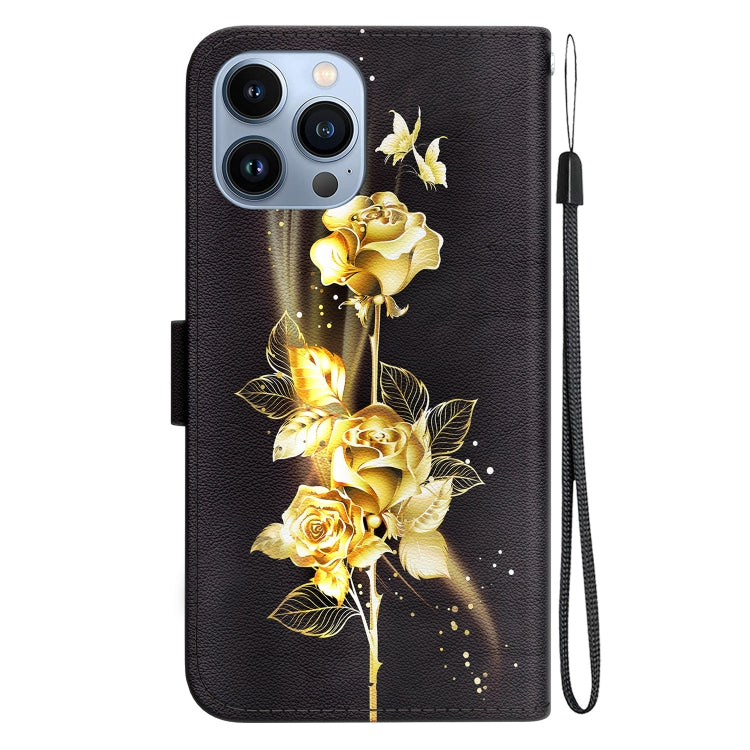 For iPhone 15 Pro Max Crystal Texture Colored Drawing Leather Phone Case(Gold Butterfly Rose) - HoMEdemic™ 