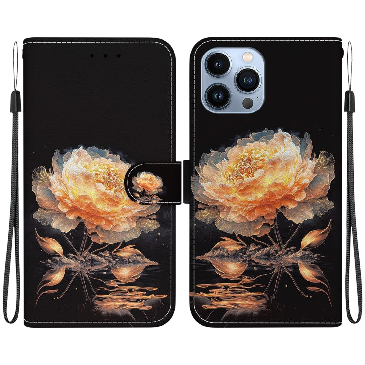 For iPhone 15 Pro Max Crystal Texture Colored Drawing Leather Phone Case(Gold Peony) - HoMEdemic™ 