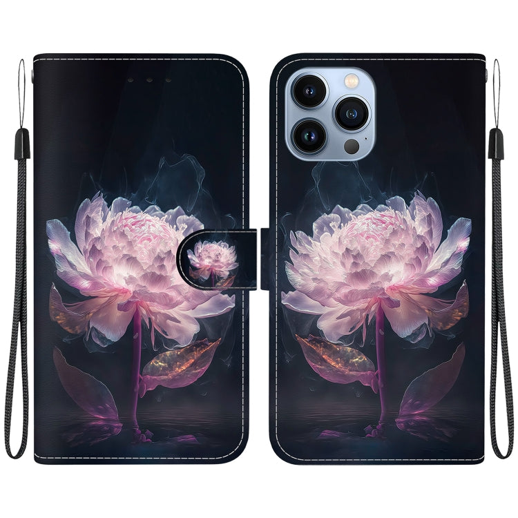For iPhone 15 Pro Max Crystal Texture Colored Drawing Leather Phone Case(Purple Peony) - HoMEdemic™ 