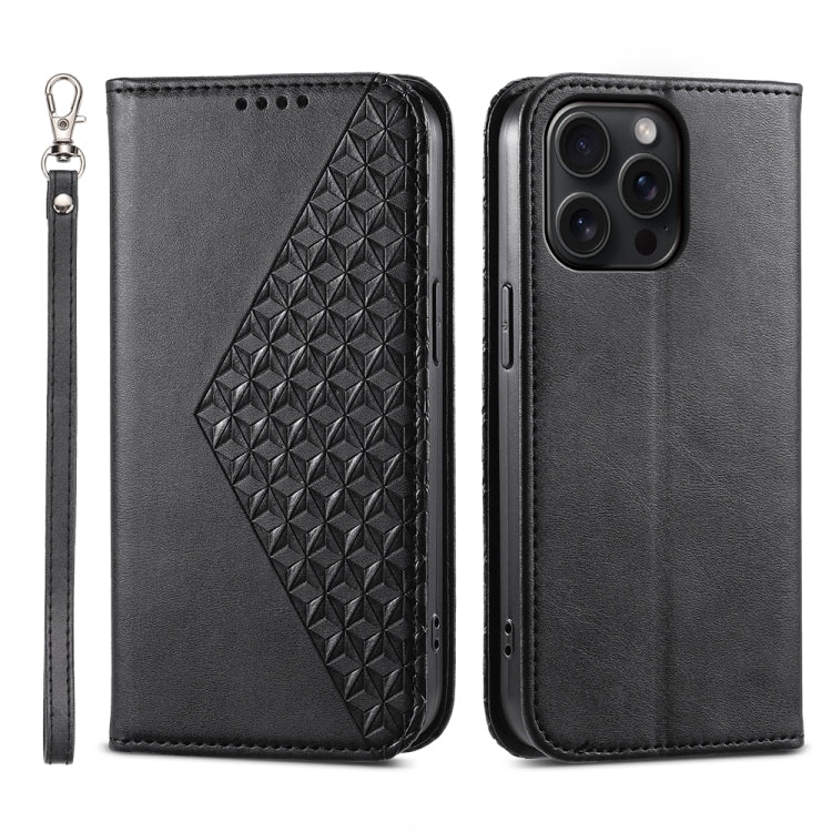 For iPhone 15 Pro Max Cubic Grid Calf Texture Magnetic Leather Phone Case(Black) - HoMEdemic™ 