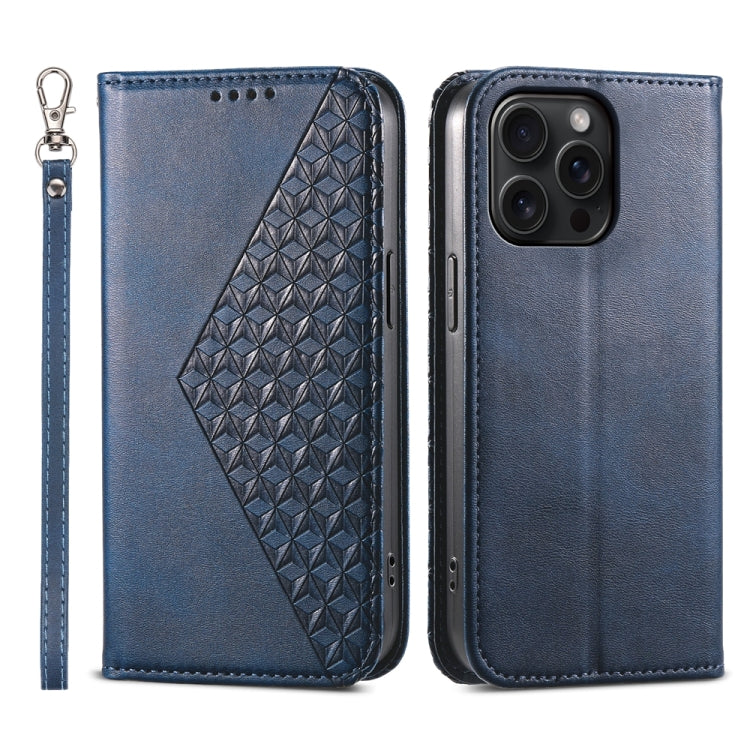 For iPhone 15 Pro Max Cubic Grid Calf Texture Magnetic Leather Phone Case(Blue) - HoMEdemic™ 