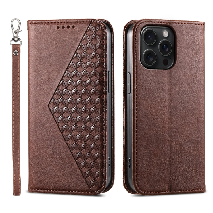 For iPhone 15 Pro Max Cubic Grid Calf Texture Magnetic Leather Phone Case(Brown) - HoMEdemic™ 