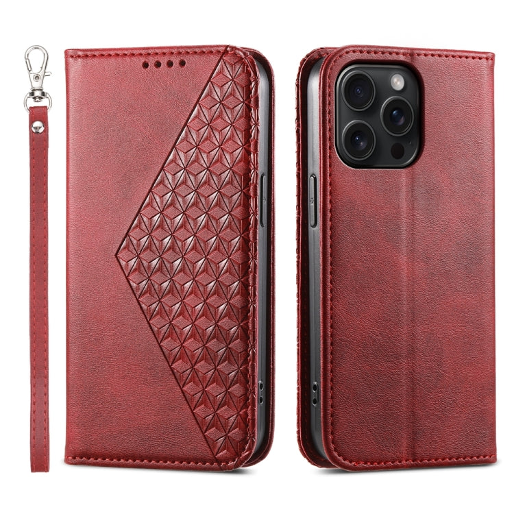 For iPhone 15 Pro Max Cubic Grid Calf Texture Magnetic Leather Phone Case(Red) - HoMEdemic™ 