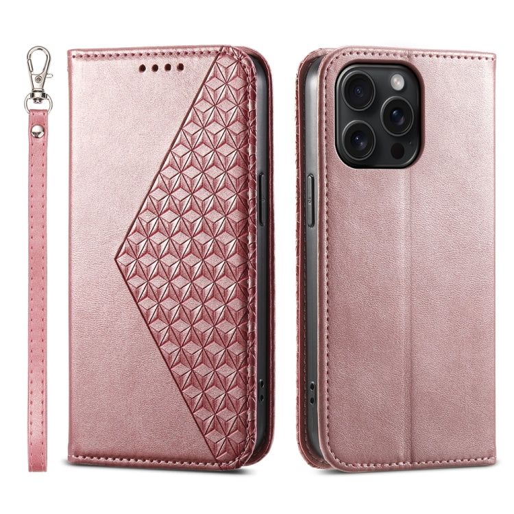 For iPhone 15 Pro Max Cubic Grid Calf Texture Magnetic Leather Phone Case(Rose Gold) - HoMEdemic™ 