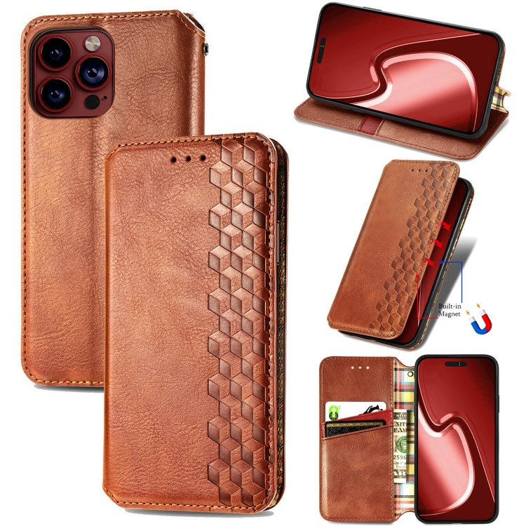 For iPhone 15 Pro Max Cubic Grid Pressed Magnetic Leather Phone Case(Brown) - HoMEdemic™ 