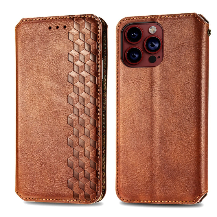For iPhone 15 Pro Max Cubic Grid Pressed Magnetic Leather Phone Case(Brown) - HoMEdemic™ 