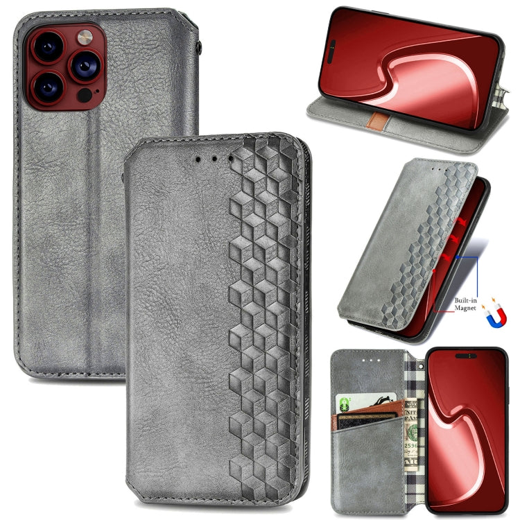 For iPhone 15 Pro Max Cubic Grid Pressed Magnetic Leather Phone Case(Grey) - HoMEdemic™ 