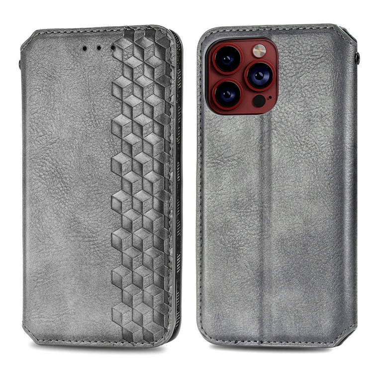 For iPhone 15 Pro Max Cubic Grid Pressed Magnetic Leather Phone Case(Grey) - HoMEdemic™ 
