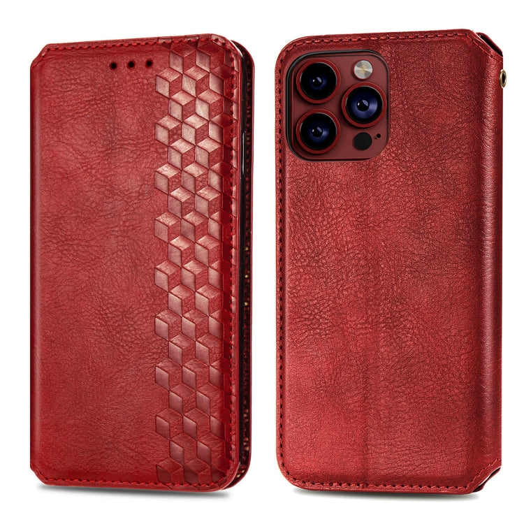 For iPhone 15 Pro Max Cubic Grid Pressed Magnetic Leather Phone Case(Red) - HoMEdemic™ 