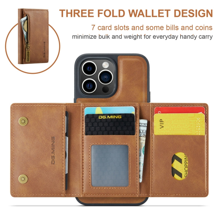 For iPhone 15 Pro Max DG.MING M5 Series Zip RFID Multi Card Detachable Leather Phone Case(Brown) - HoMEdemic™ 