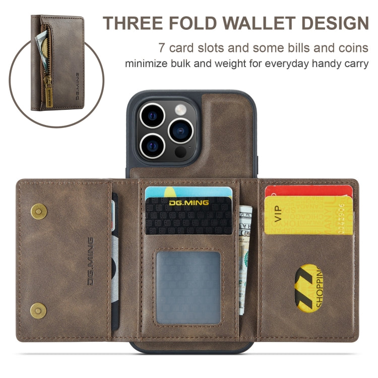 For iPhone 15 Pro Max DG.MING M5 Series Zip RFID Multi Card Detachable Leather Phone Case(Coffee) - HoMEdemic™ 