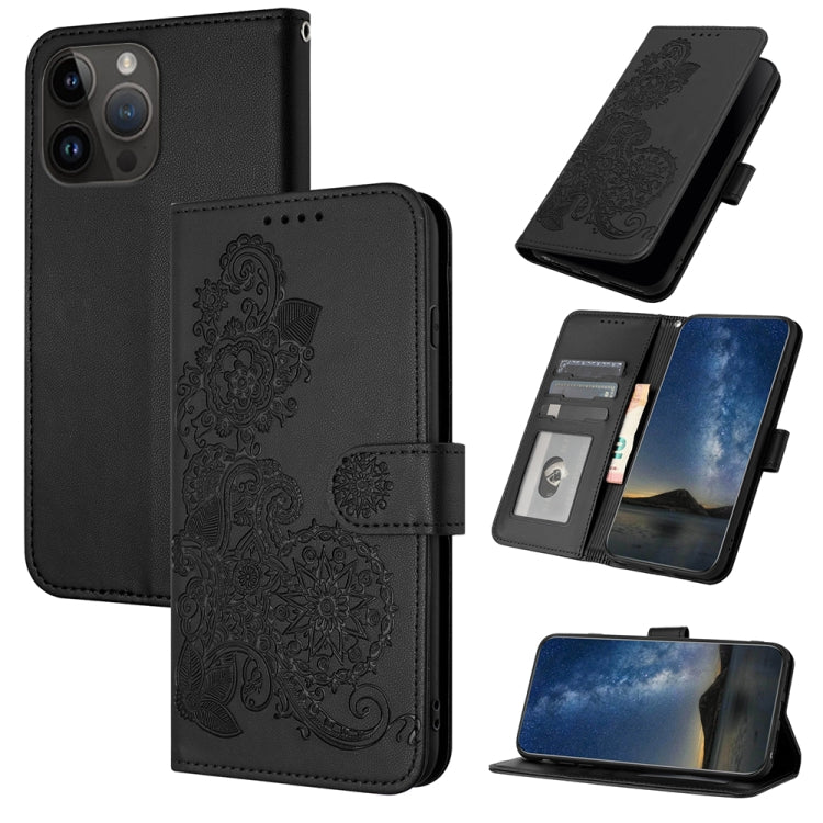 For iPhone 15 Pro Max Datura Flower Embossed Flip Leather Phone Case(Black) - HoMEdemic™ 