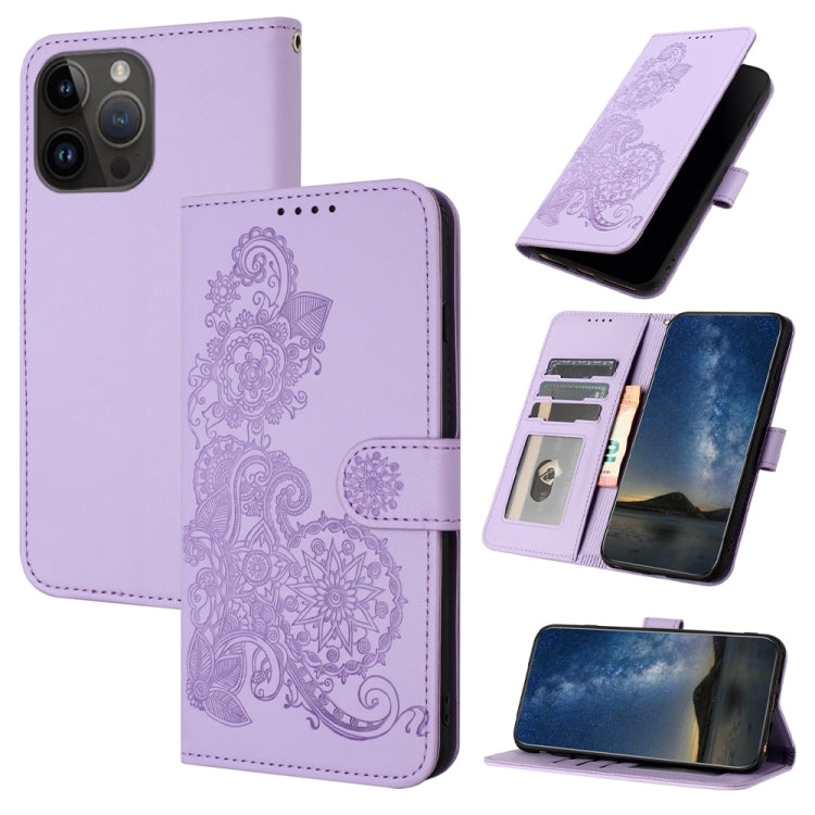 For iPhone 15 Pro Max Datura Flower Embossed Flip Leather Phone Case(Purple) - HoMEdemic™ 