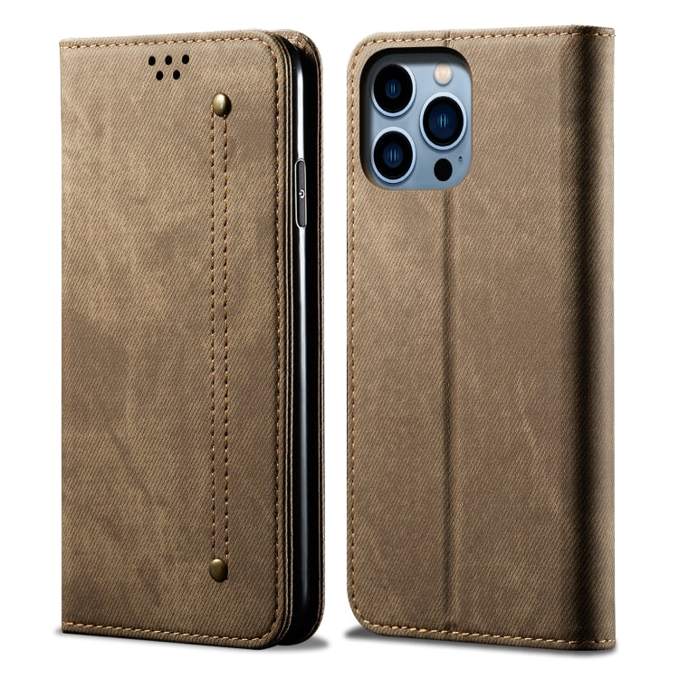 For iPhone 15 Pro Max Denim Texture Casual Style Horizontal Flip Leather Case(Khaki) - HoMEdemic™ 