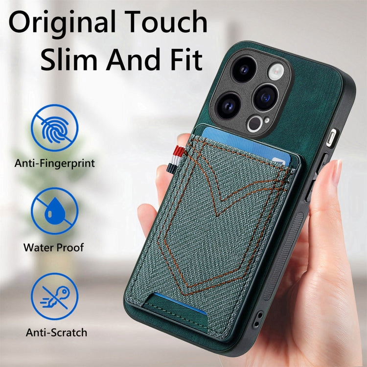 For iPhone 15 Pro Max Denim Texture Leather Skin Phone Case with Card Slot(Green) - HoMEdemic™ 