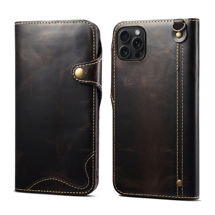 For iPhone 15 Pro Max Denior Oil Wax Cowhide Magnetic Button Genuine Leather Case(Black) - HoMEdemic™ 