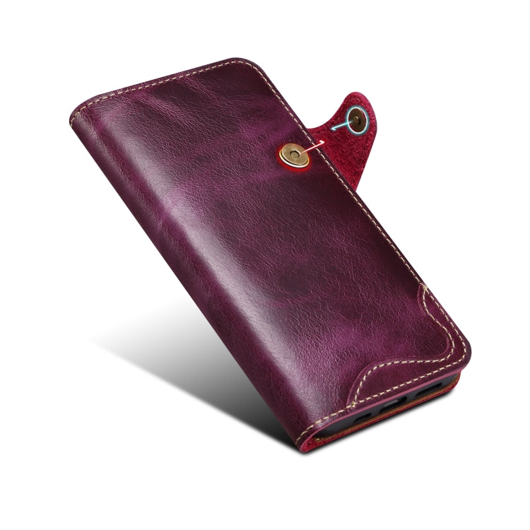 For iPhone 15 Pro Max Denior Oil Wax Cowhide Magnetic Button Genuine Leather Case(Purple) - HoMEdemic™ 