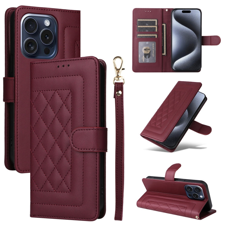 For iPhone 15 Pro Max Diamond Lattice Leather Flip Phone Case(Wine Red) - HoMEdemic™ 