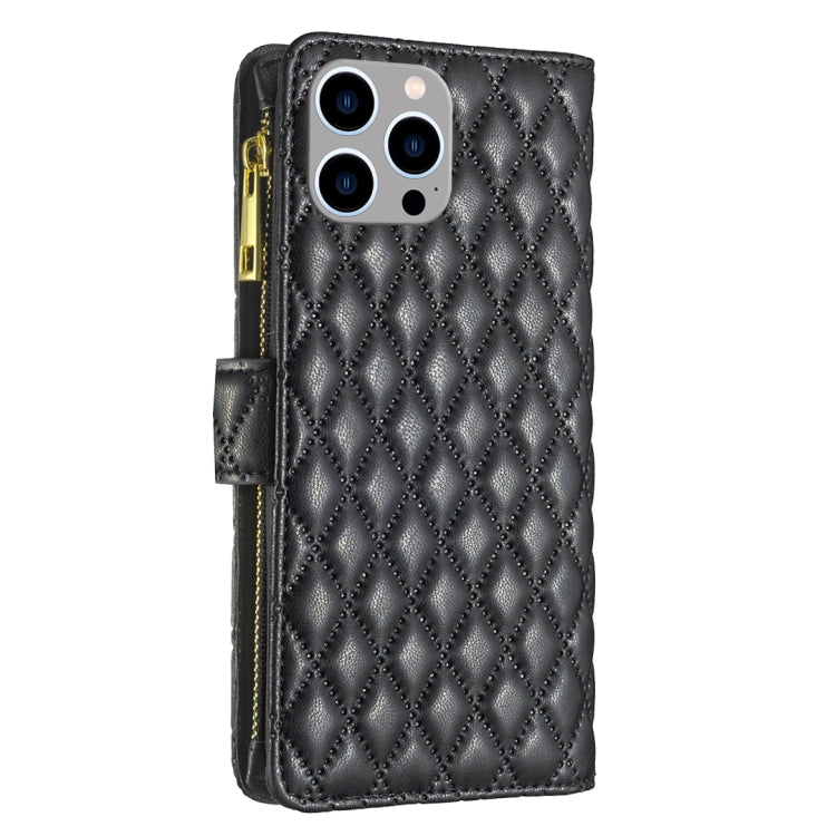 For iPhone 15 Pro Max Diamond Lattice Zipper Wallet Leather Flip Phone Case(Black) - HoMEdemic™ 
