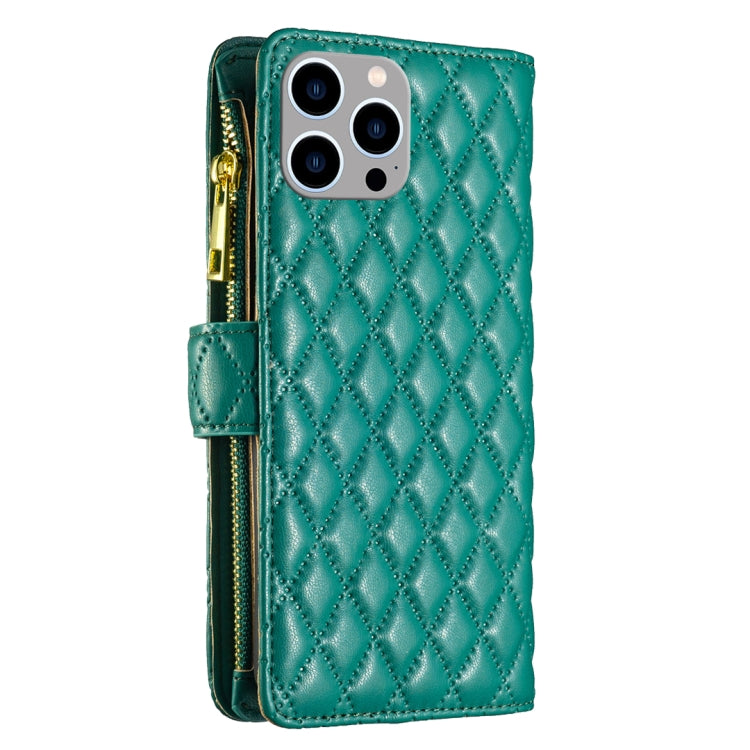 For iPhone 15 Pro Max Diamond Lattice Zipper Wallet Leather Flip Phone Case(Green) - HoMEdemic™ 