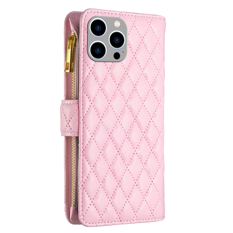 For iPhone 15 Pro Max Diamond Lattice Zipper Wallet Leather Flip Phone Case(Pink) - HoMEdemic™ 