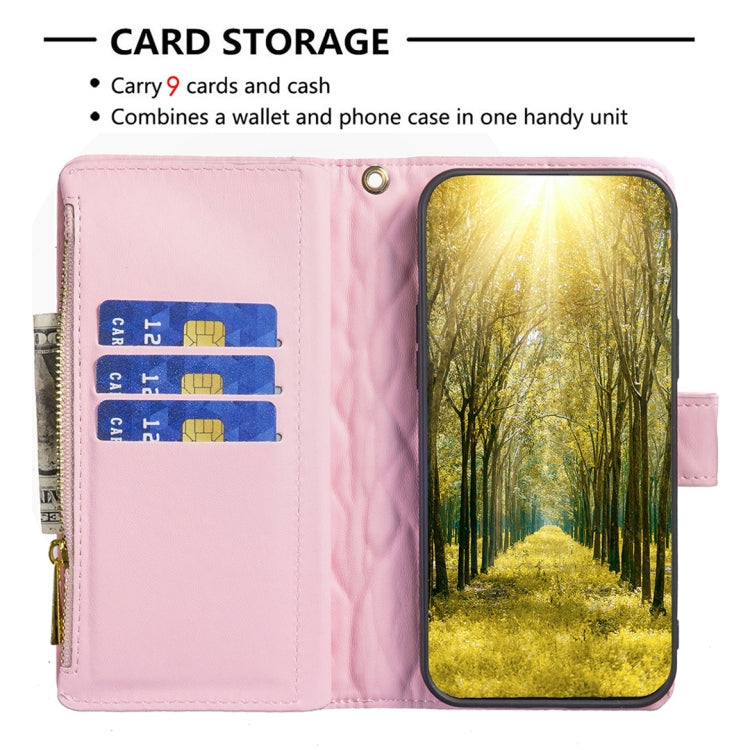 For iPhone 15 Pro Max Diamond Lattice Zipper Wallet Leather Flip Phone Case(Pink) - HoMEdemic™ 
