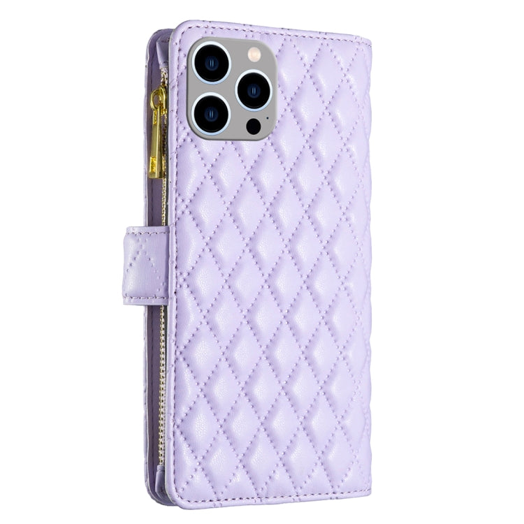 For iPhone 15 Pro Max Diamond Lattice Zipper Wallet Leather Flip Phone Case(Purple) - HoMEdemic™ 