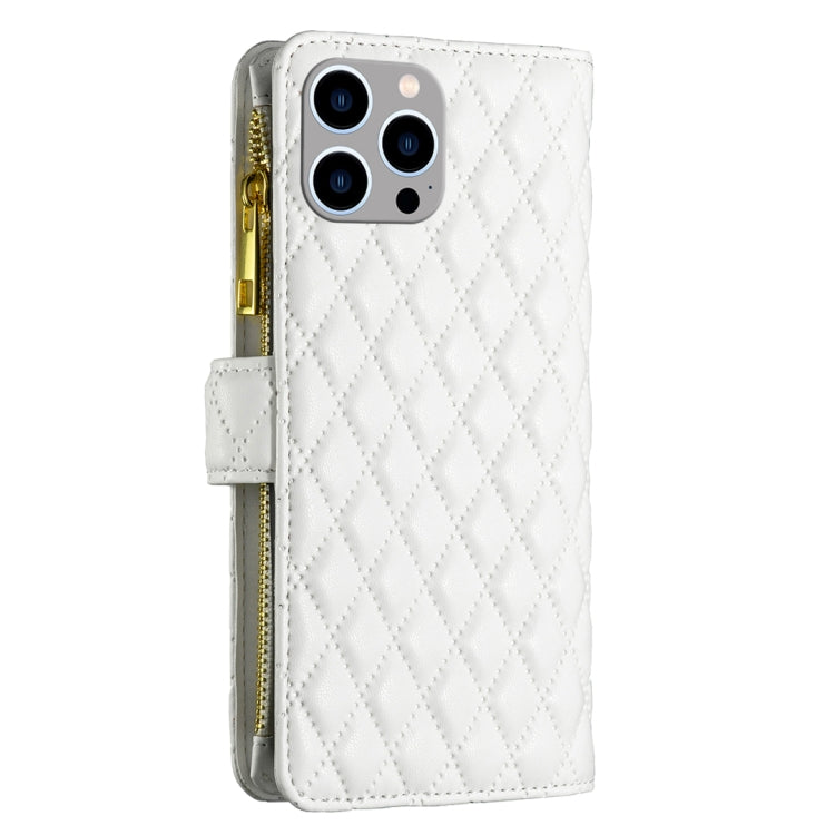 For iPhone 15 Pro Max Diamond Lattice Zipper Wallet Leather Flip Phone Case(White) - HoMEdemic™ 