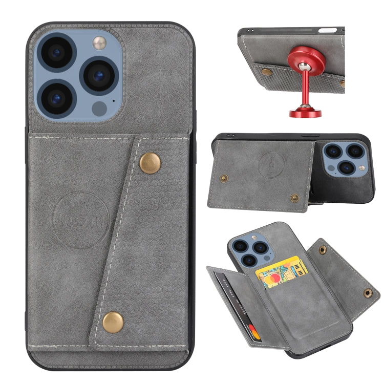 For iPhone 15 Pro Max Double Buckle Card Slots PU + TPU Phone Case(Grey) - HoMEdemic™ 