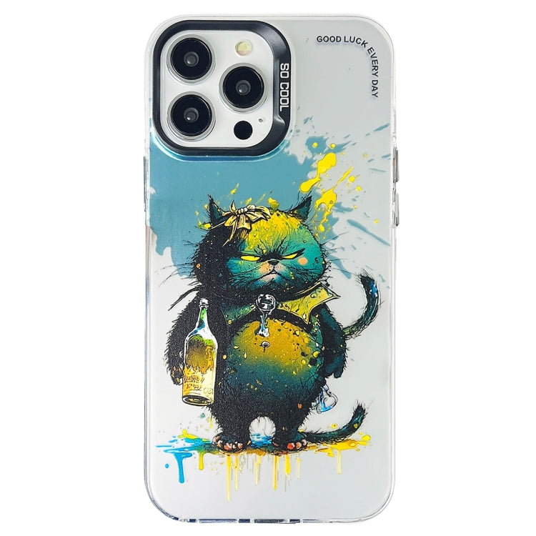 For iPhone 15 Pro Max Double Layer Color Silver Series Animal Oil Painting Phone Case(Angry Cat) - HoMEdemic™ 