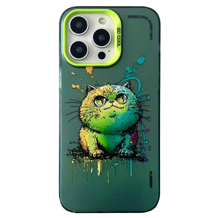 For iPhone 15 Pro Max Double Layer Color Silver Series Animal Oil Painting Phone Case(Green Cat) - HoMEdemic™ 