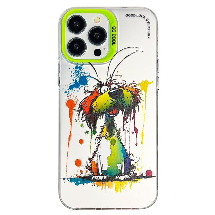 For iPhone 15 Pro Max Double Layer Color Silver Series Animal Oil Painting Phone Case(Green Dog) - HoMEdemic™ 